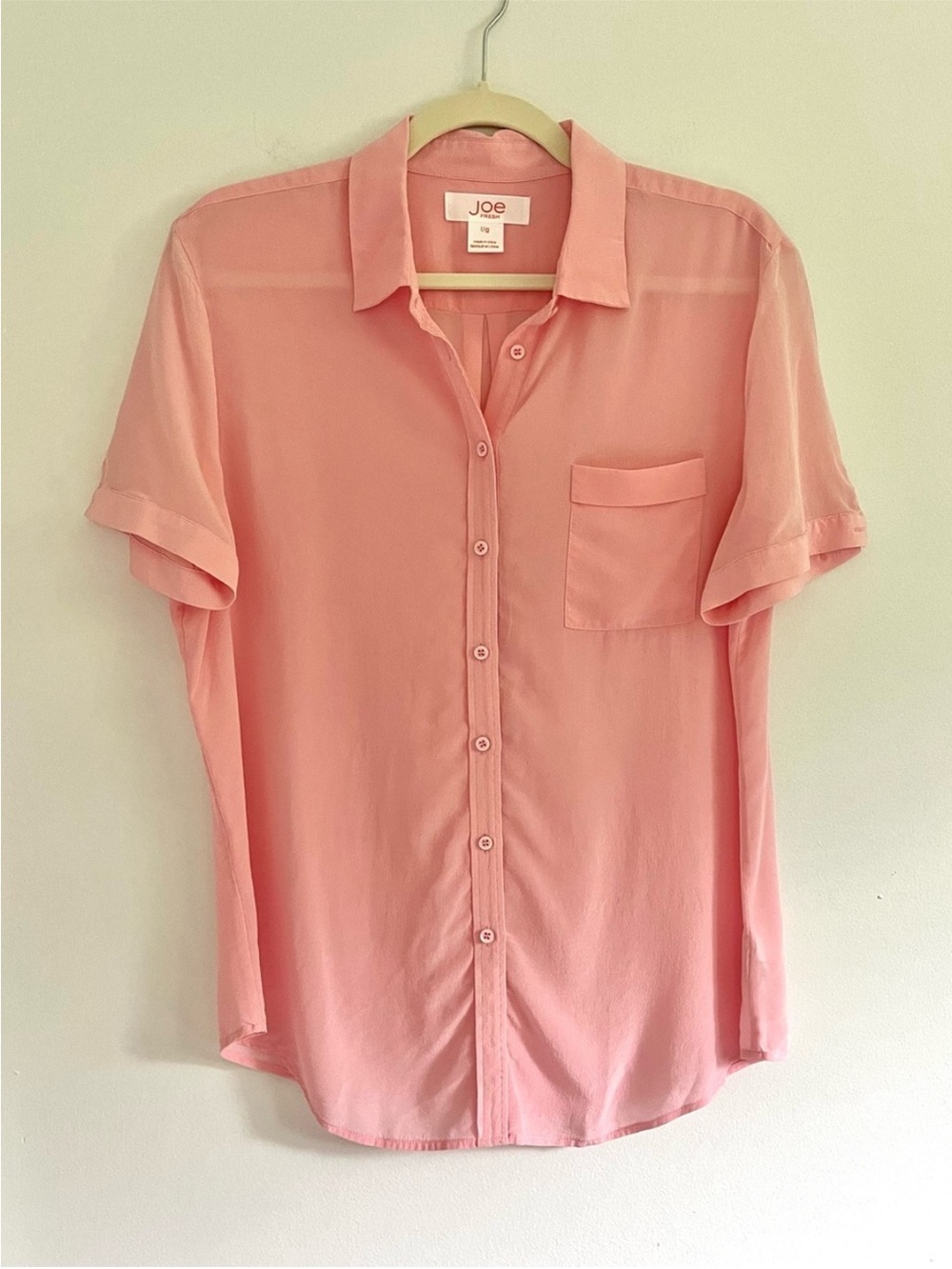 Joe Fresh 100% Silk Light Pink Button Down Short Sleeve Blouse Top Colorful L